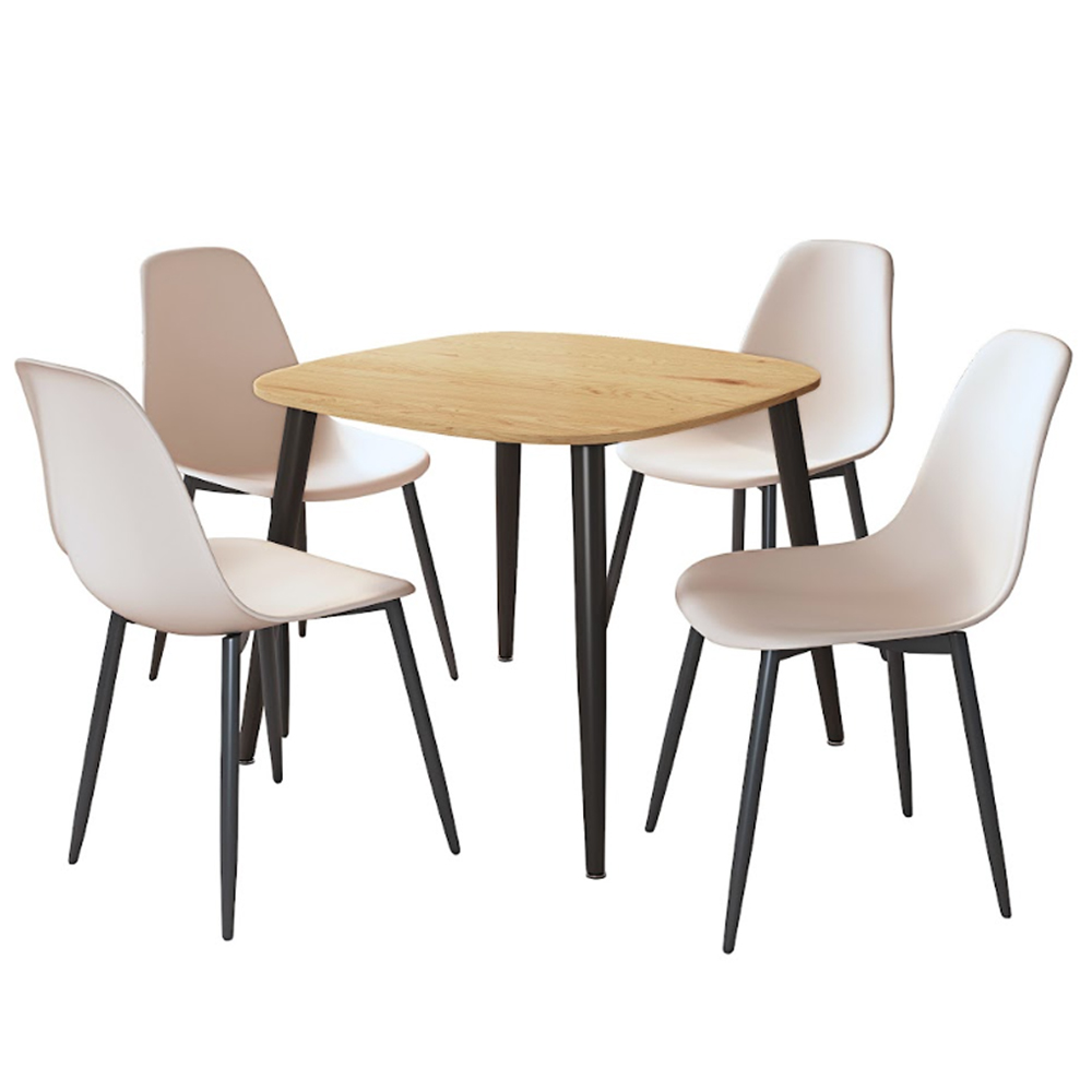 Arta Square Oak Wooden Dining Table with 4 Calico Plastic Chairs