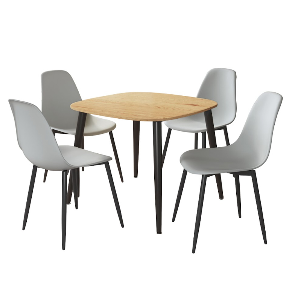 Arta Square Oak Wooden Dining Table with 4 Light Grey Plastic Chairs
