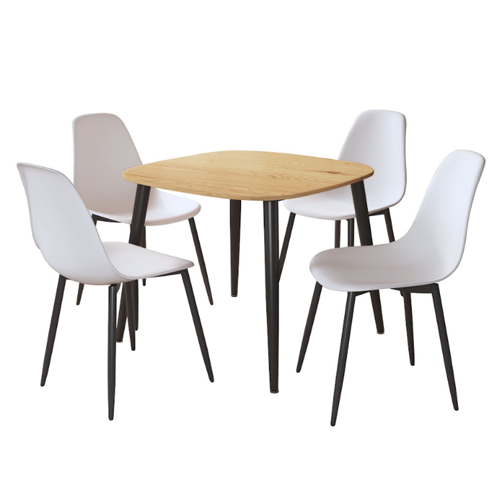 Arta Square Oak Wooden Dining Table with 4 White Plastic Chairs