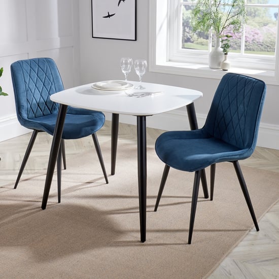 Product photograph of Arta Square White Dining Table And 2 Blue Diamond Chairs from Furniture in Fashion