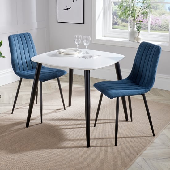 Arta Square White Dining Table And 2 Blue Straight Chairs