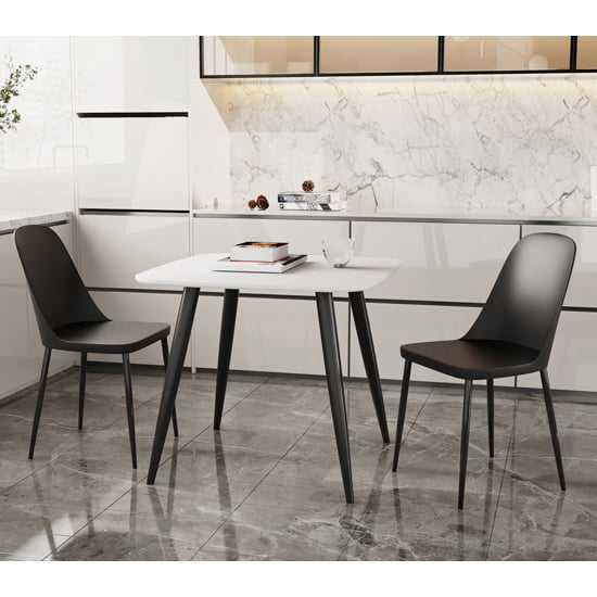 Arta Square White Dining Table With 2 Curve Black Chairs
