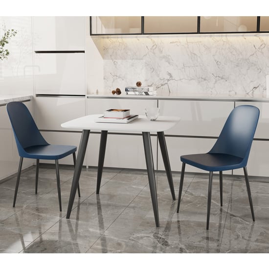 Arta Square White Dining Table With 2 Curve Blue Chairs