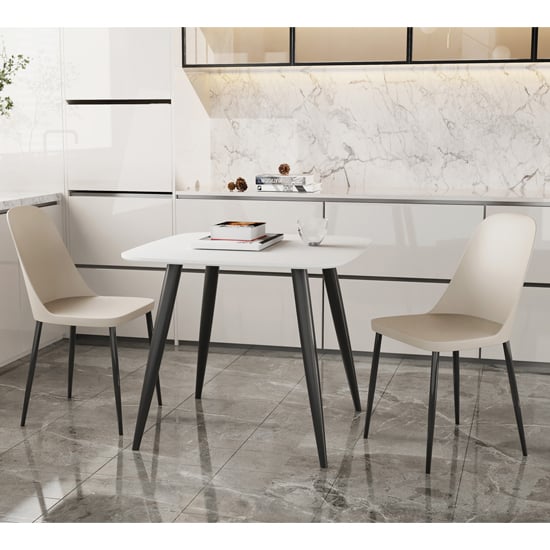 Arta Square White Dining Table With 2 Curve Calico Chairs