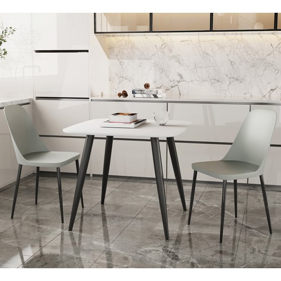 Arta Square White Dining Table With 2 Curve Grey Chairs