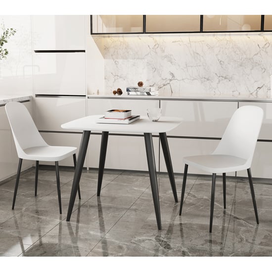 Arta Square White Dining Table With 2 Curve White Chairs
