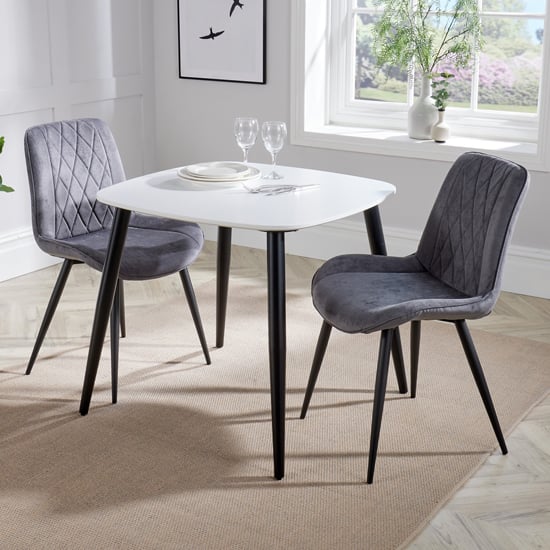 Arta Square White Dining Table And 2 Dark Grey Diamond Chairs