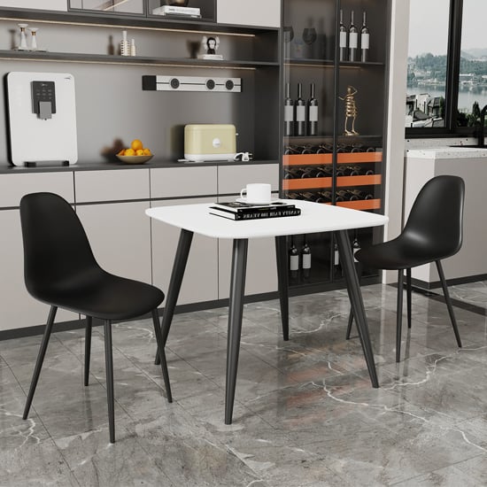 Arta Square White Dining Table With 2 Duo Black Chairs