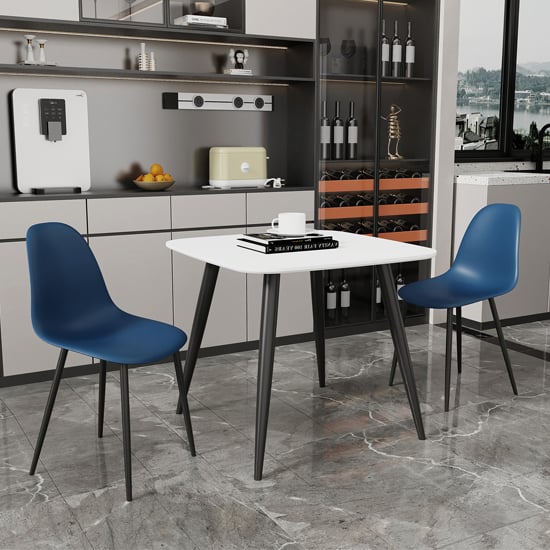 Arta Square White Dining Table With 2 Duo Blue Chairs