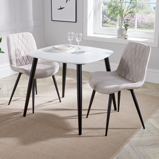 Arta Square White Dining Table And 2 Light Grey Diamond Chairs