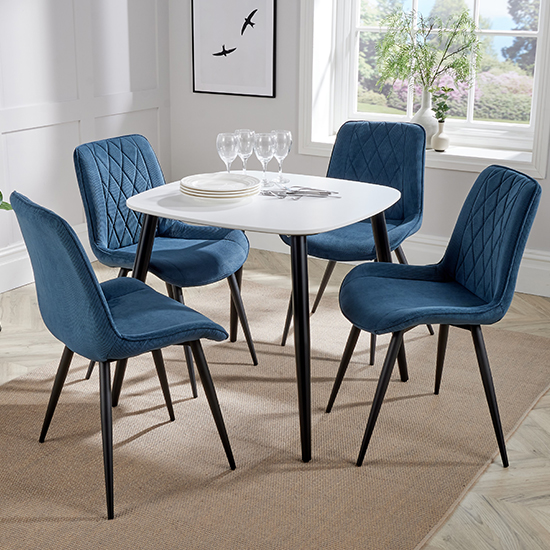 Read more about Arta square white wooden dining table 4 blue diamond chairs