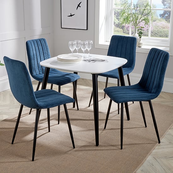Arta Square White Dining Table And 4 Blue Straight Chairs