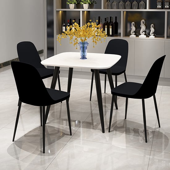 Arta Square White Dining Table With 4 Curve Black Chairs