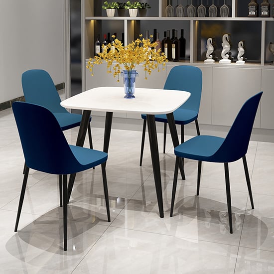 Arta Square White Dining Table With 4 Curve Blue Chairs