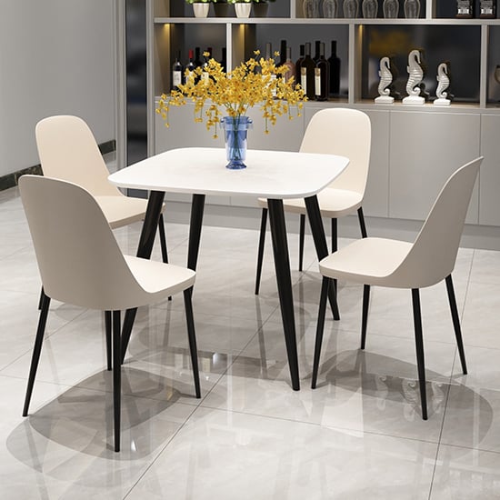 Arta Square White Dining Table With 4 Curve Calico Chairs