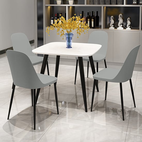 Arta Square White Dining Table With 4 Curve Grey Chairs