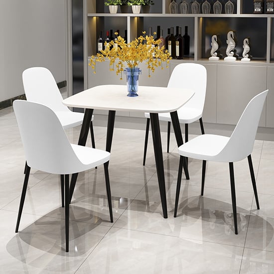 Arta Square White Dining Table With 4 Curve White Chairs