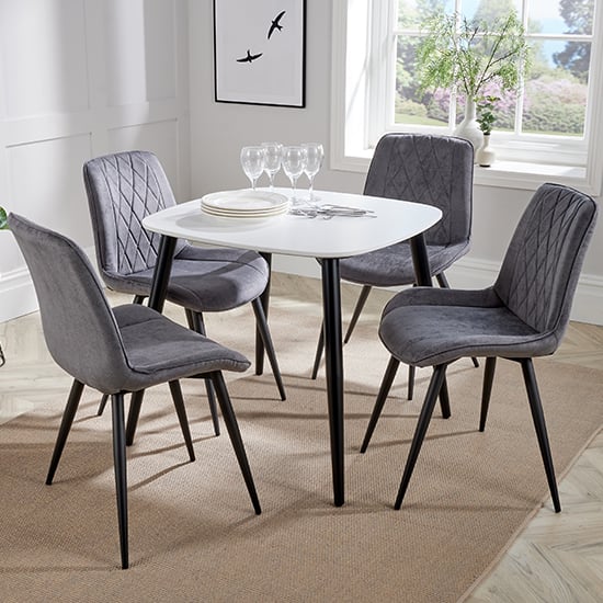 Arta Square White Dining Table And 4 Dark Grey Diamond Chairs