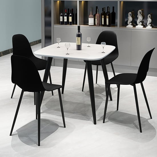 Arta Square White Dining Table With 4 Duo Black Chairs