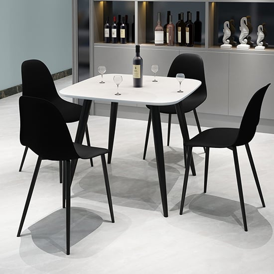 Read more about Arta square white wooden dining table 4 duo plastic black chairs