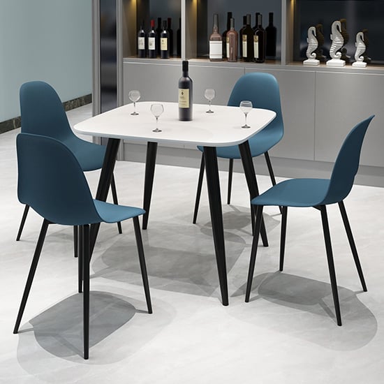 Arta Square White Dining Table With 4 Duo Blue Chairs