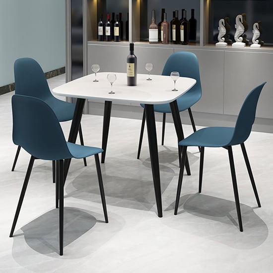Read more about Arta square white wooden dining table 4 duo plastic blue chairs