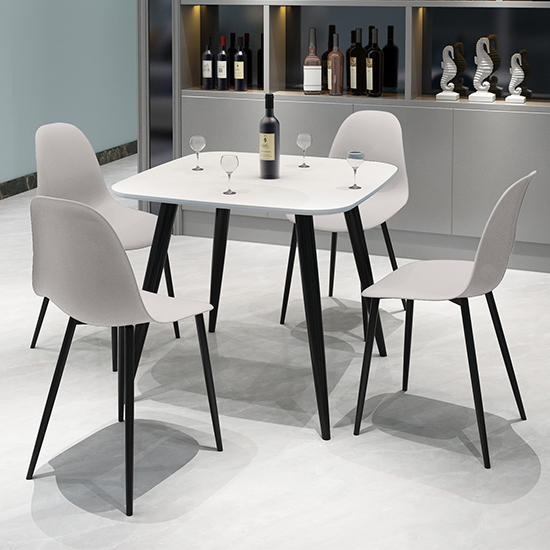Read more about Arta square white wooden dining table 4 duo plastic calico chairs