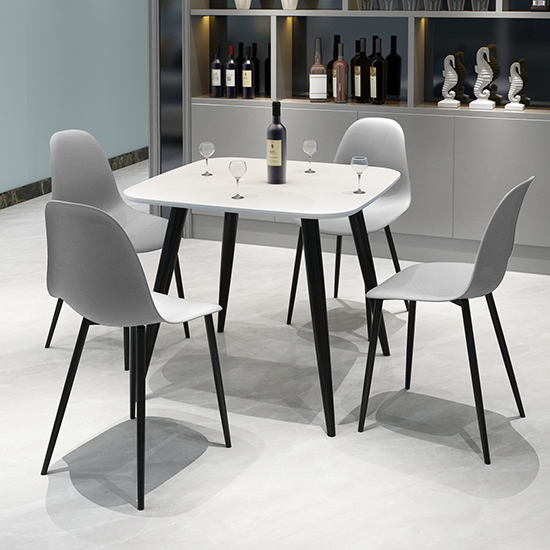 Arta Square White Dining Table With 4 Duo Grey Chairs