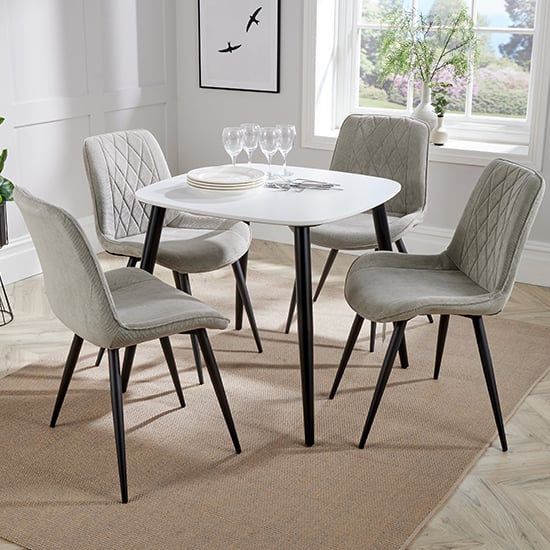 Arta Square White Dining Table And 4 Light Grey Diamond Chairs