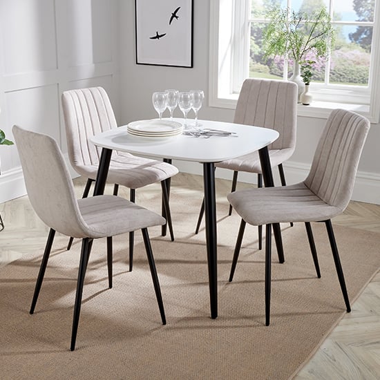 Arta Square White Dining Table And 4 Natural Straight Chairs