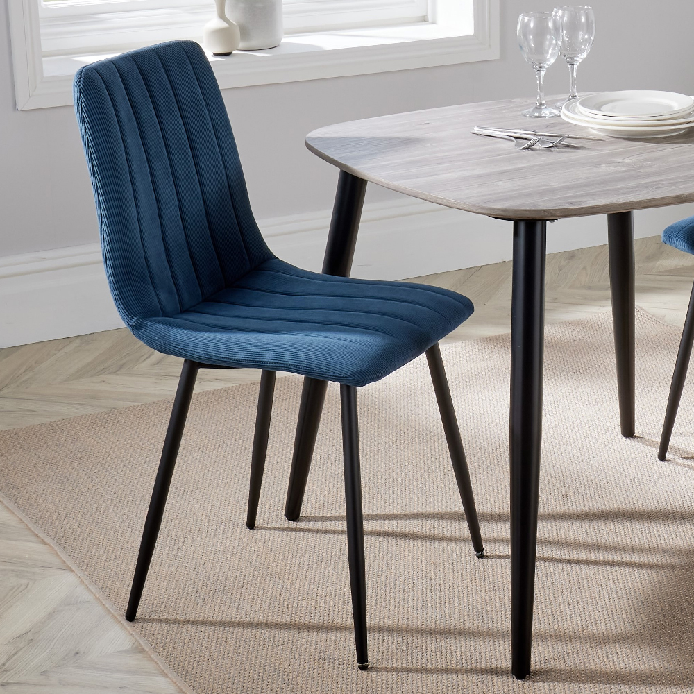 Arta Straight Stitch Blue Fabric Dining Chairs In Pair