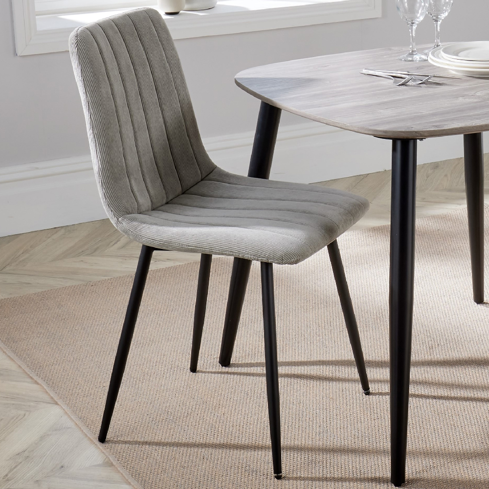 Arta Straight Stitch Light Grey Fabric Dining Chairs In Pair