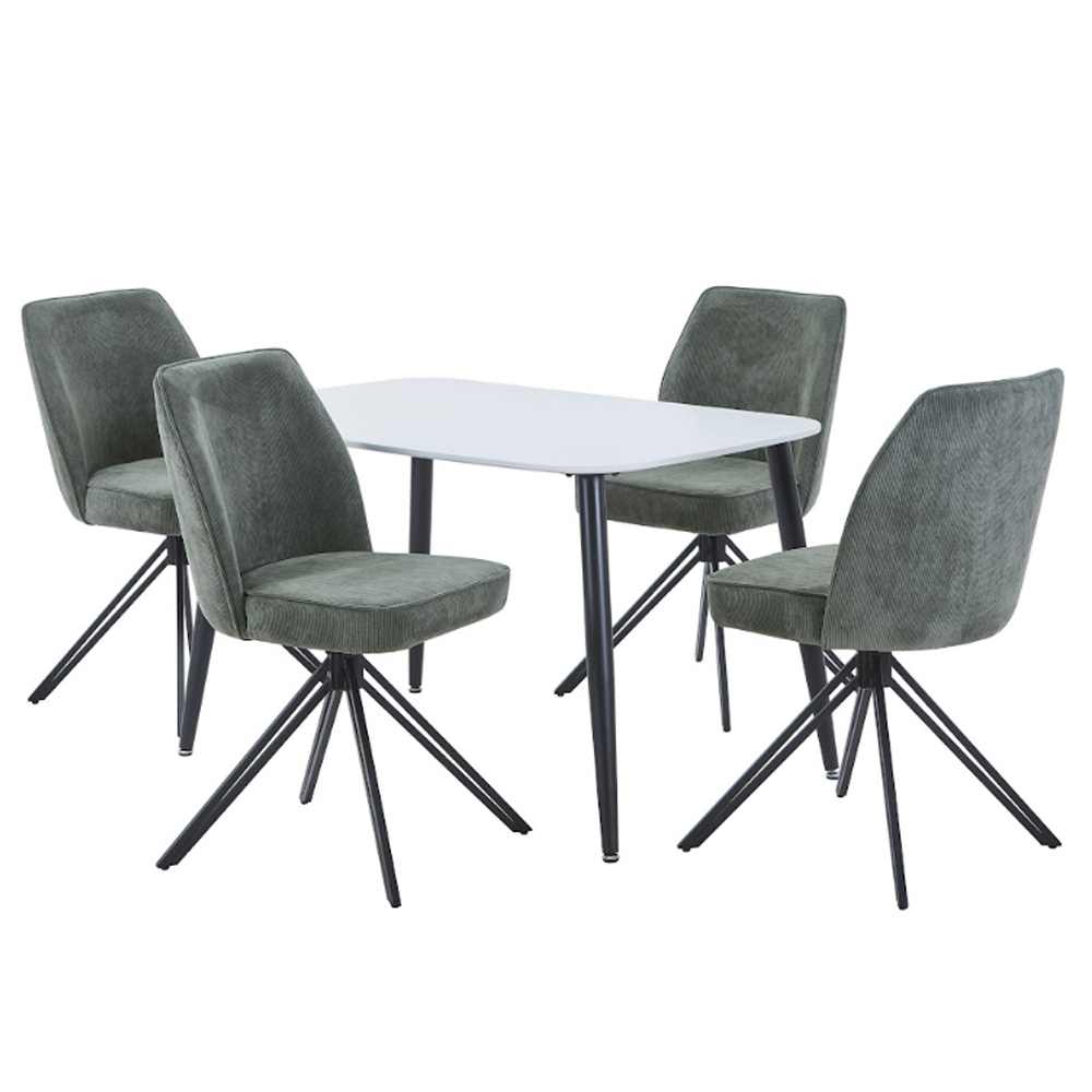 Arta White Rectangular Wooden Dining Table with 4 Swivel Green Fabric Chairs