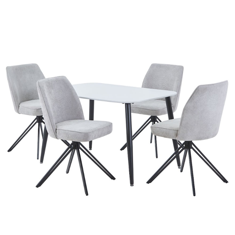 Arta White Rectangular Wooden Dining Table with 4 Swivel Light Grey Fabric Chairs