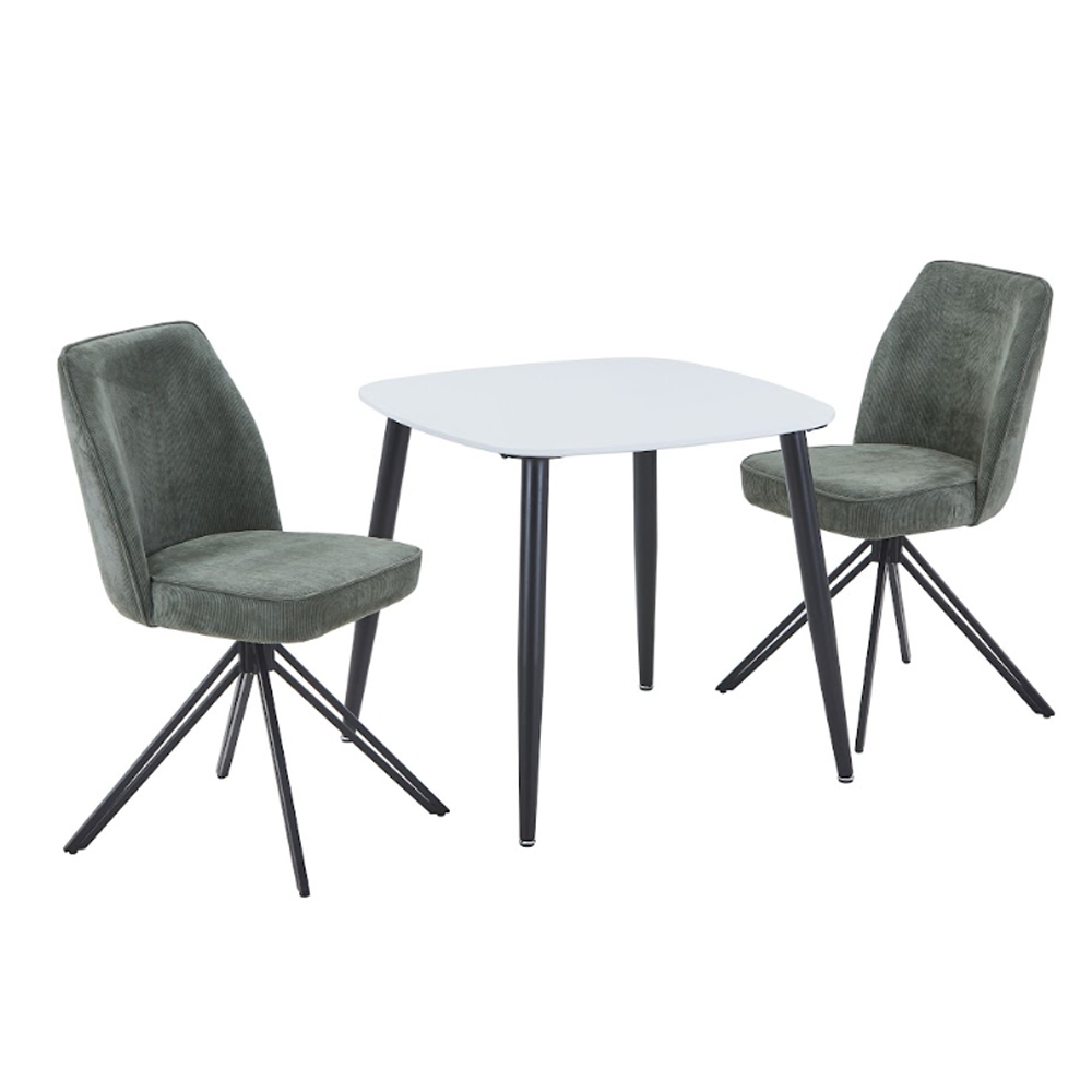 Arta White Square Wooden Dining Table with 2 Swivel Green Fabric Chairs