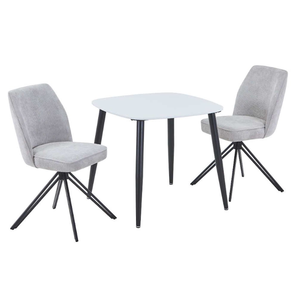Arta White Square Wooden Dining Table with 2 Swivel light Grey Fabric Chairs