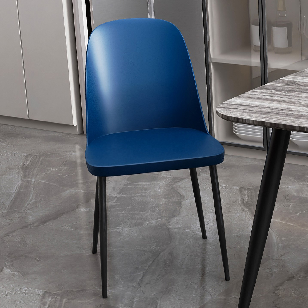 Arta White Wooden Dining Table 4 Curve Plastic Blue Chairs