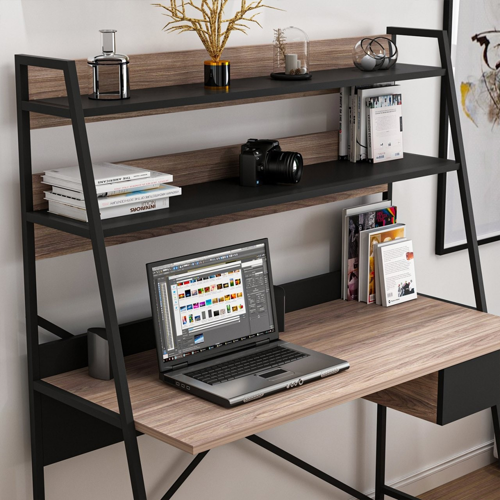Arte Wooden Laptop Desk with 2 Shelf in Walnut and Black