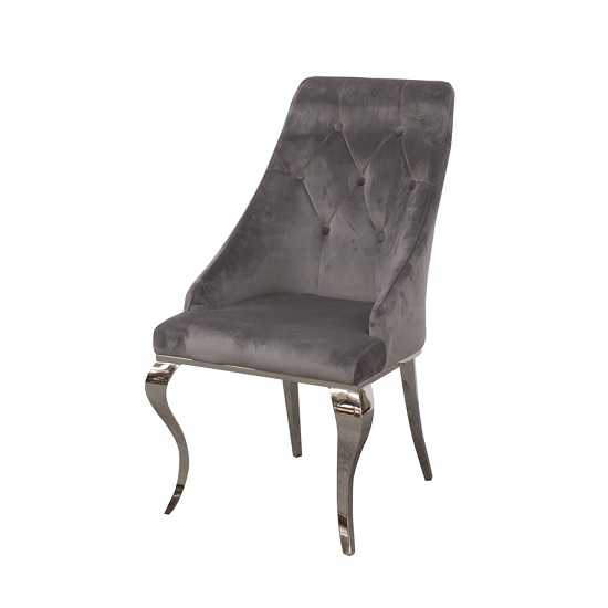 Artemis Dining Chair In Grey Velvet With Polished Metal Legs
