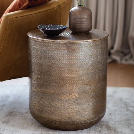 Product photograph of Artesia Round Metal Side Table In Antique Brass from Furniture in Fashion