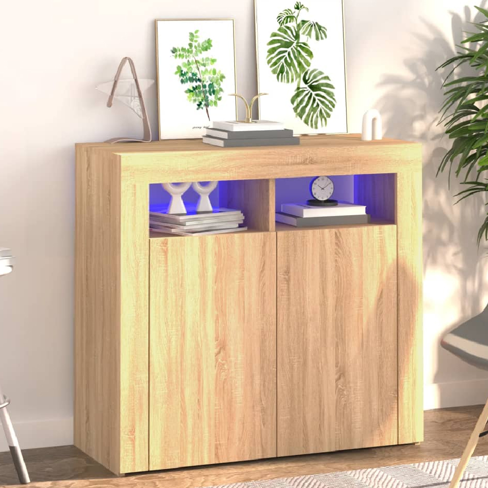 Aurther Wooden Storage Cabinet In Sonoma Oak With LED Lights