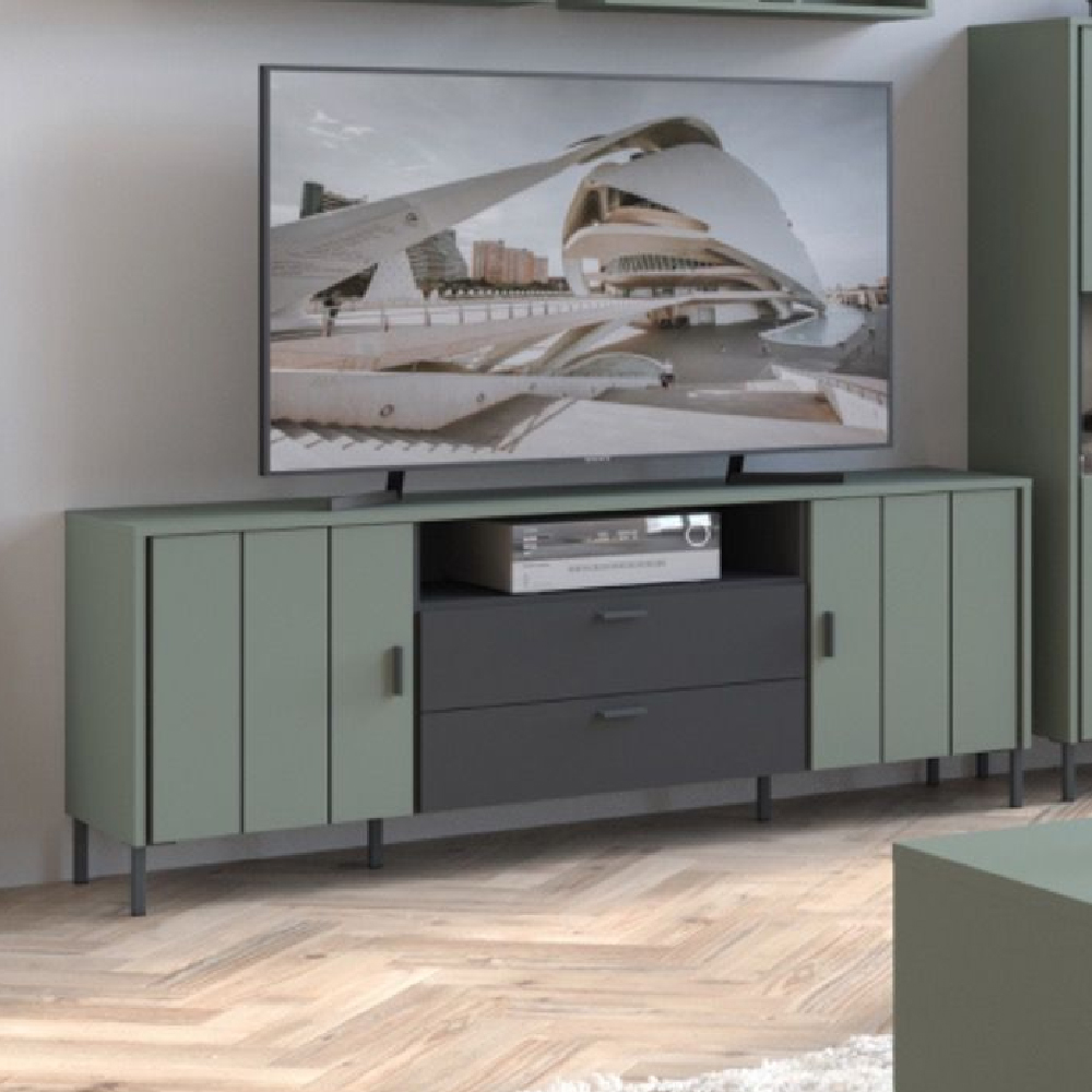 Read more about Arthur wooden large tv stand with 2 doors 2 drawers in green grey