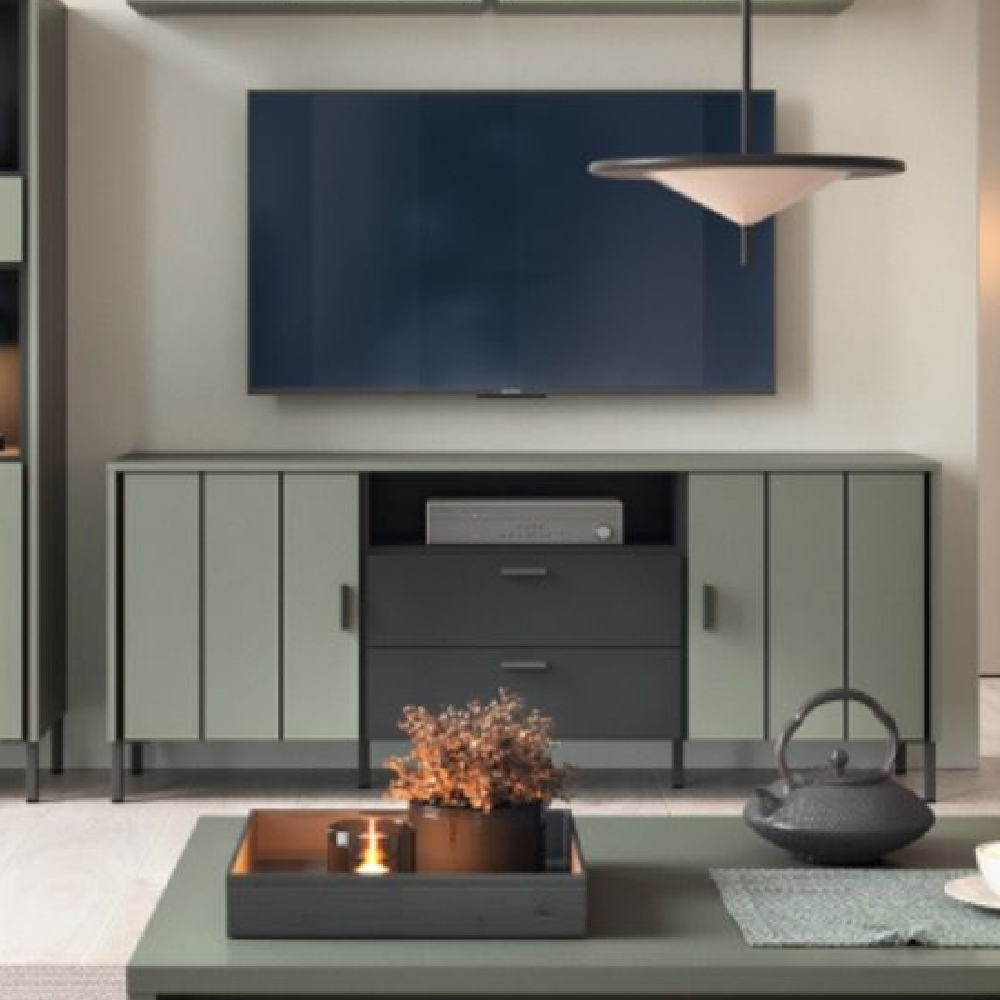 Read more about Arthur wooden small tv stand with 2 doors 2 drawers in green grey