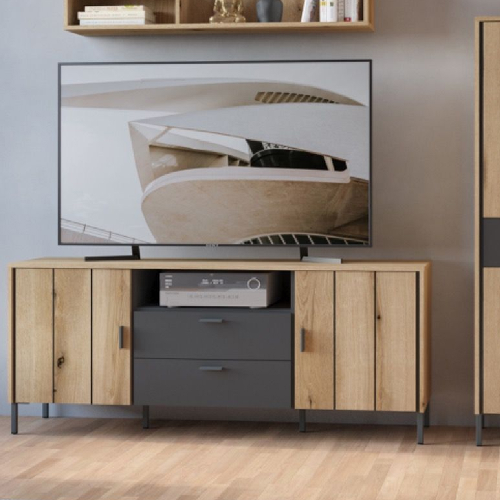 Read more about Arthur wooden small tv stand with 2 doors 2 drawers in grey oak