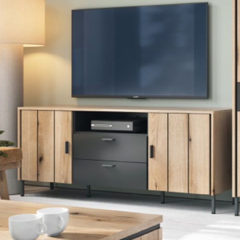 Arthur Wooden TV Stand With 2 Doors 2 Drawers In Grey Oak