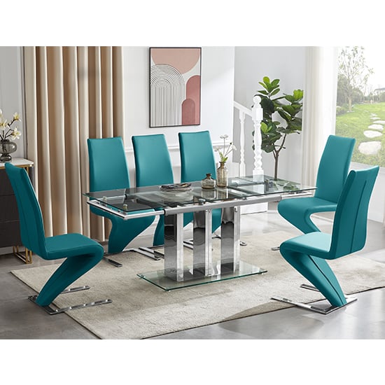 rihanna-extending-clear-dining-table-6-demi-teal-chairs