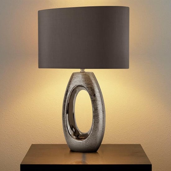 Read more about Artisan grey faux silk shade table lamp with chrome base