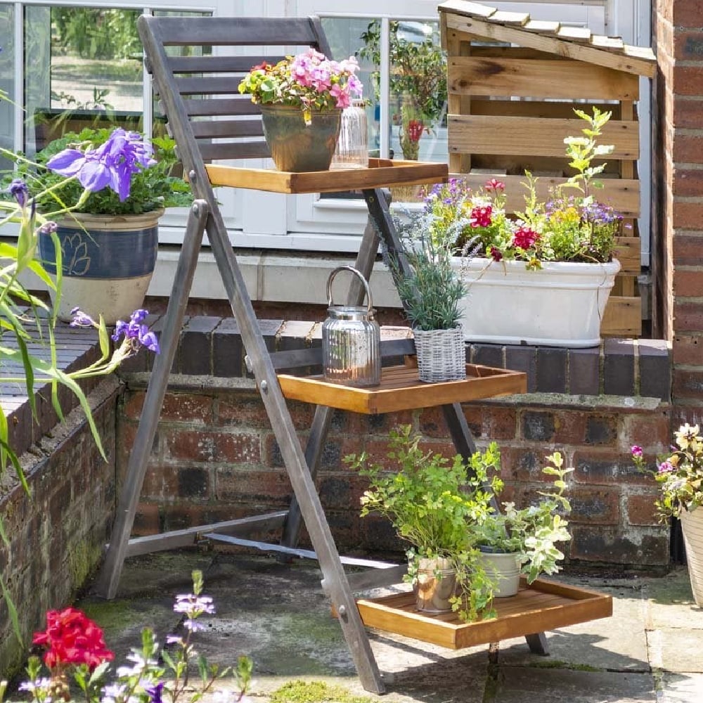 Arundel Large Wooden Garden Ladder Planter In Grey And Natural