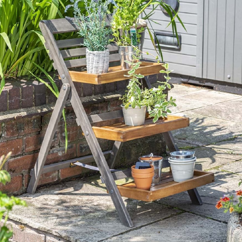 Arundel Small Wooden Garden Ladder Planter In Grey And Natural