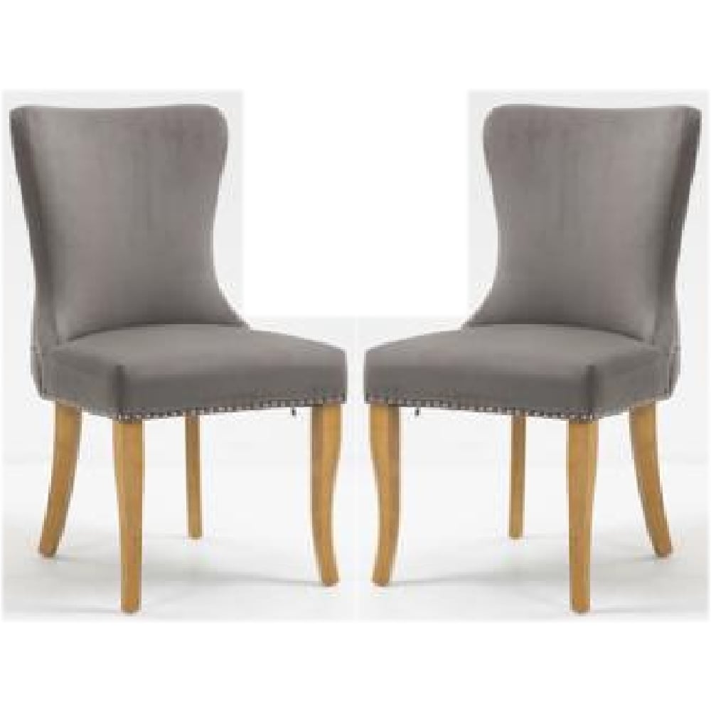 Arvada Steel Grey Velvet Dining Chairs With Oak Legs In Pair